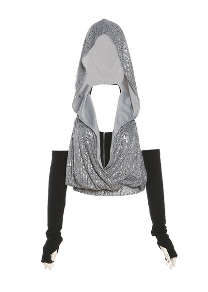 Neck Two-Piece Hooded Zipper Cool Sequin Hanging Set T-Shirt FashionChic