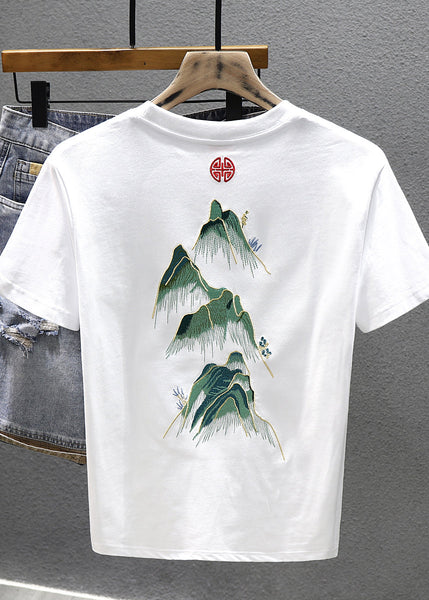 Neck Shirts T White Cotton Cool O Summer Embroideried Men FashionChic