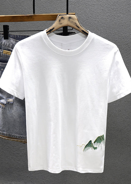 Neck Shirts T White Cotton Cool O Summer Embroideried Men FashionChic