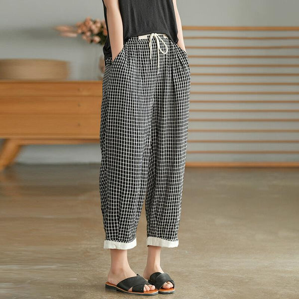 Cotton Linen Plaid Drawstring Pocket Casual Pants OP1023 QJH