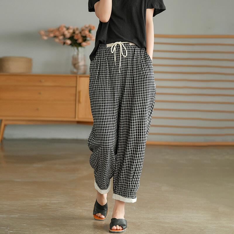 Cotton Linen Plaid Drawstring Pocket Casual Pants OP1023 QJH