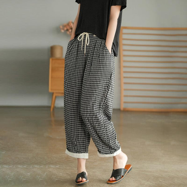 Cotton Linen Plaid Drawstring Pocket Casual Pants OP1023 QJH