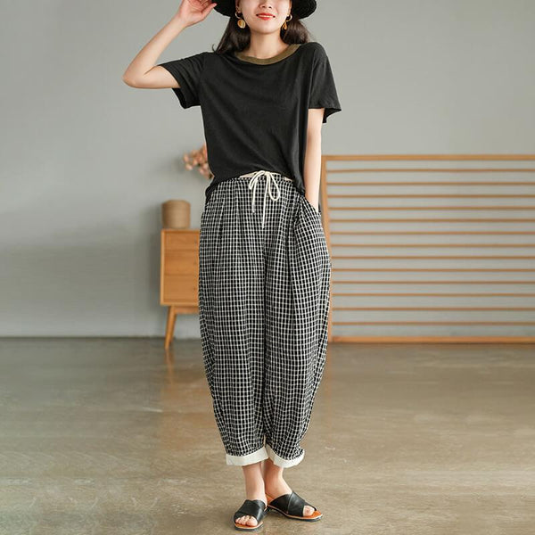 Cotton Linen Plaid Drawstring Pocket Casual Pants OP1023 QJH