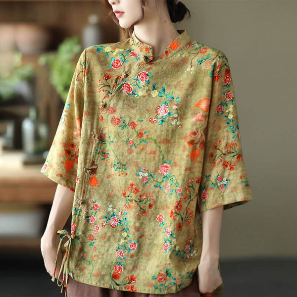 Cotton Linen Women Casual Floral Irregular Vintage Shirt OP1015 ZMMM