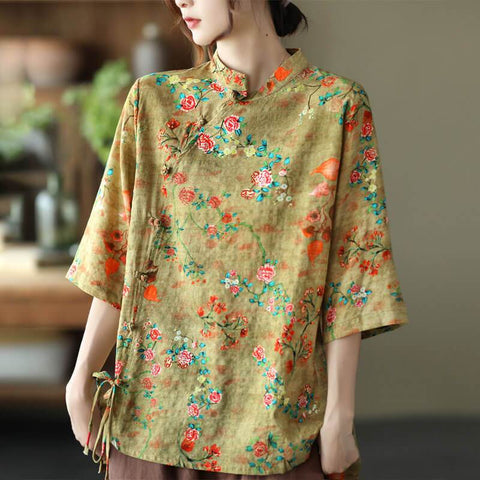 Cotton Linen Women Casual Floral Irregular Vintage Shirt OP1015 ZMMM