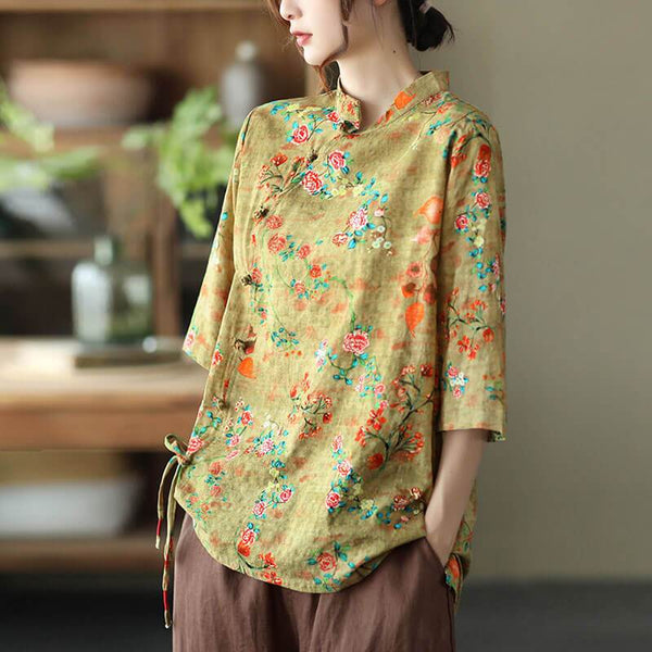 Cotton Linen Women Casual Floral Irregular Vintage Shirt OP1015 ZMMM
