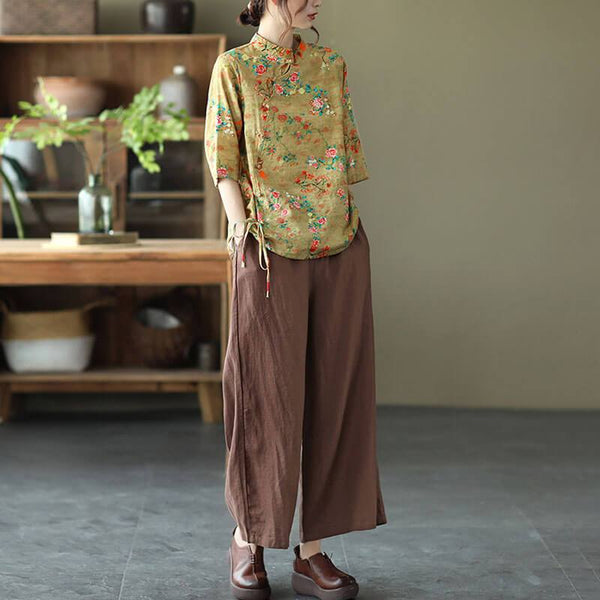 Cotton Linen Women Casual Floral Irregular Vintage Shirt OP1015 ZMMM