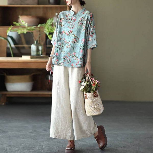 Cotton Linen Women Casual Floral Irregular Vintage Shirt OP1015 ZMMM