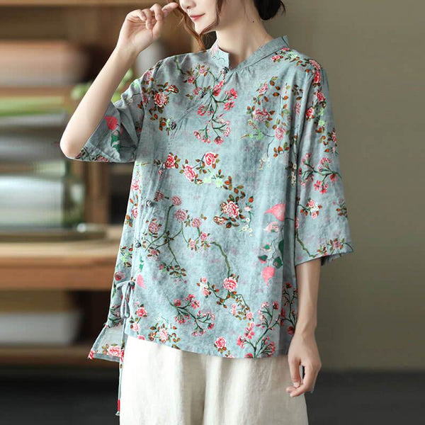 Cotton Linen Women Casual Floral Irregular Vintage Shirt OP1015 ZMMM
