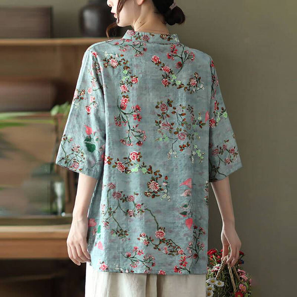 Cotton Linen Women Casual Floral Irregular Vintage Shirt OP1015 ZMMM