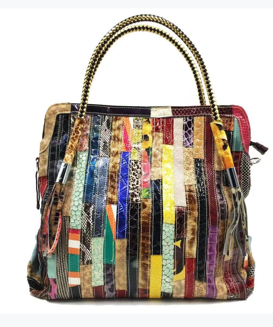 Cowhide Snake Striped Patchwork Durable Tote Handbag GG086 Bag-BGS240606