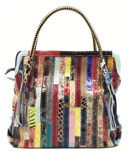 Cowhide Snake Striped Patchwork Durable Tote Handbag GG086 Bag-BGS240606