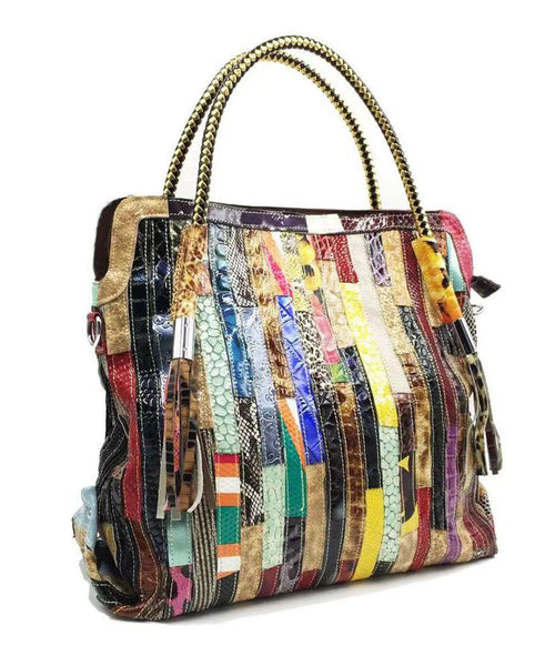 Cowhide Snake Striped Patchwork Durable Tote Handbag GG086 Bag-BGS240606