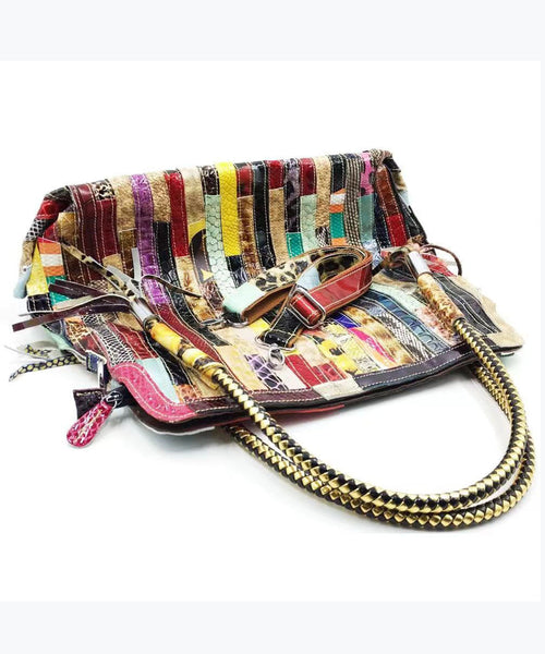 Cowhide Snake Striped Patchwork Durable Tote Handbag GG086 Bag-BGS240606