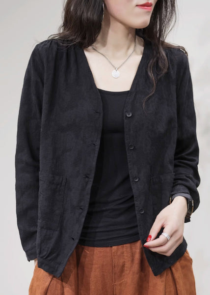 Cozy Black V Neck Button Cotton Coats Long Sleeve FF001 MZF-CTS240607