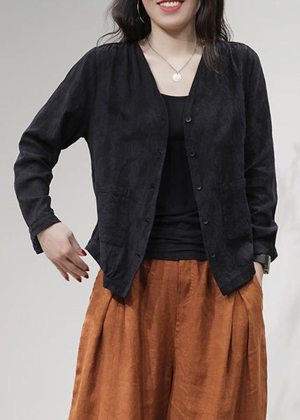 Cozy Black V Neck Button Cotton Coats Long Sleeve FF001 MZF-CTS240607