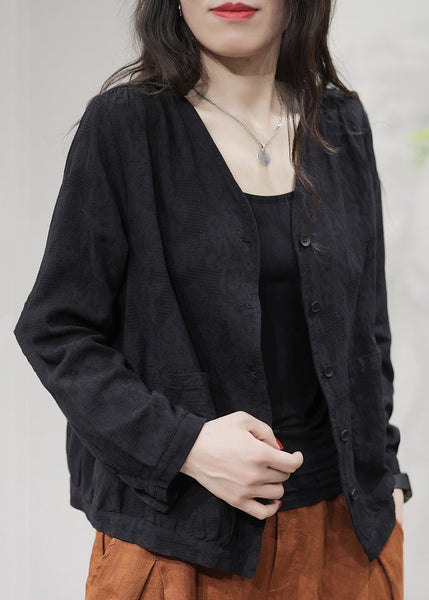 Cozy Black V Neck Button Cotton Coats Long Sleeve FF001 MZF-CTS240607