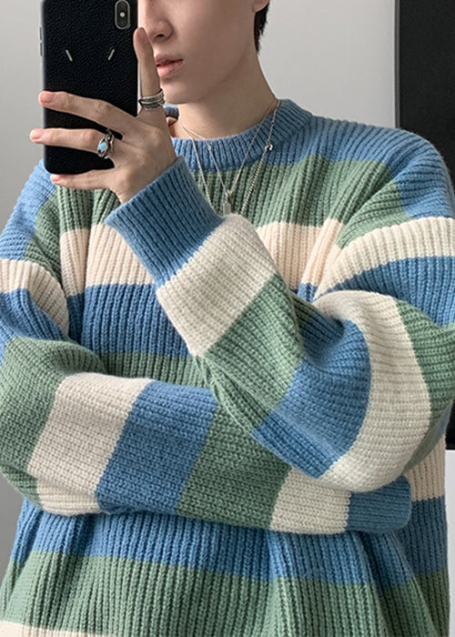 Cozy Green O Neck Striped Knit Sweater Men Fall QH028 MENSW241019