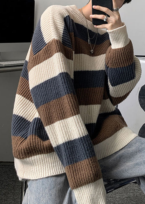 Cozy Green O Neck Striped Knit Sweater Men Fall QH028 MENSW241019