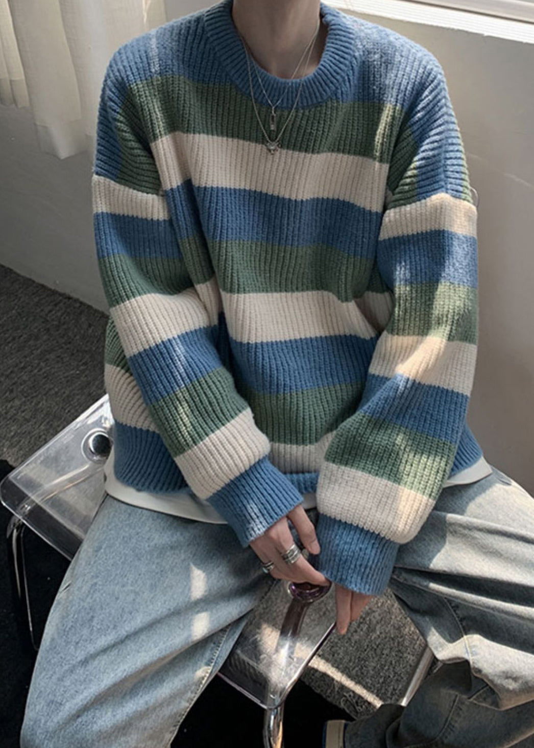 Cozy Green O Neck Striped Knit Sweater Men Fall QH028 MENSW241019