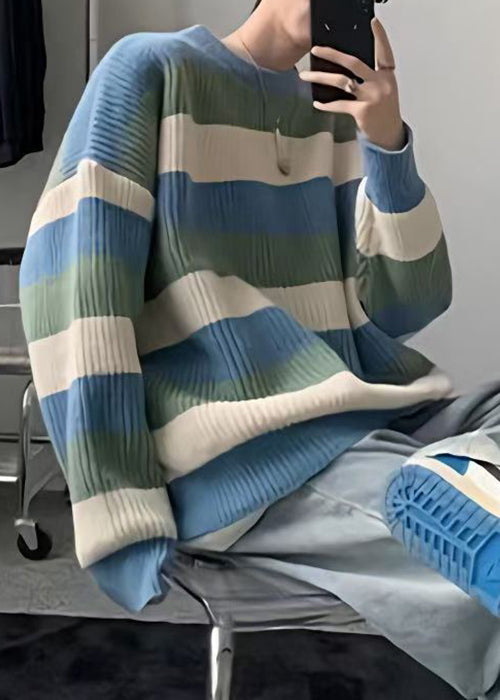 Cozy Green O Neck Striped Knit Sweater Men Fall QH028 MENSW241019
