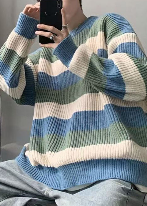 Cozy Green O Neck Striped Knit Sweater Men Fall QH028 MENSW241019
