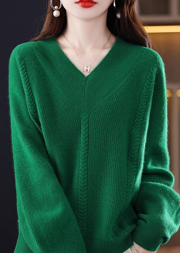 Cozy Green V Neck Solid Knit Knit Sweaters Fall QI002 OM-BB241005