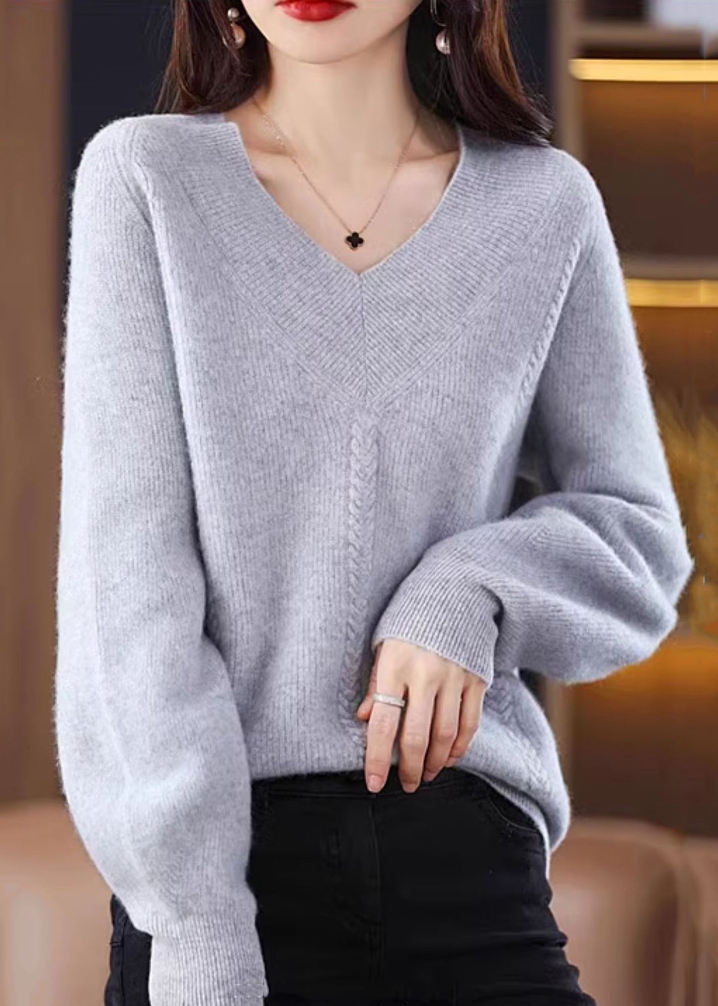 Cozy Green V Neck Solid Knit Knit Sweaters Fall QI002 OM-BB241005