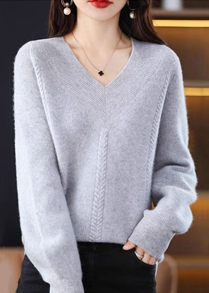 Cozy Green V Neck Solid Knit Knit Sweaters Fall QI002 OM-BB241005
