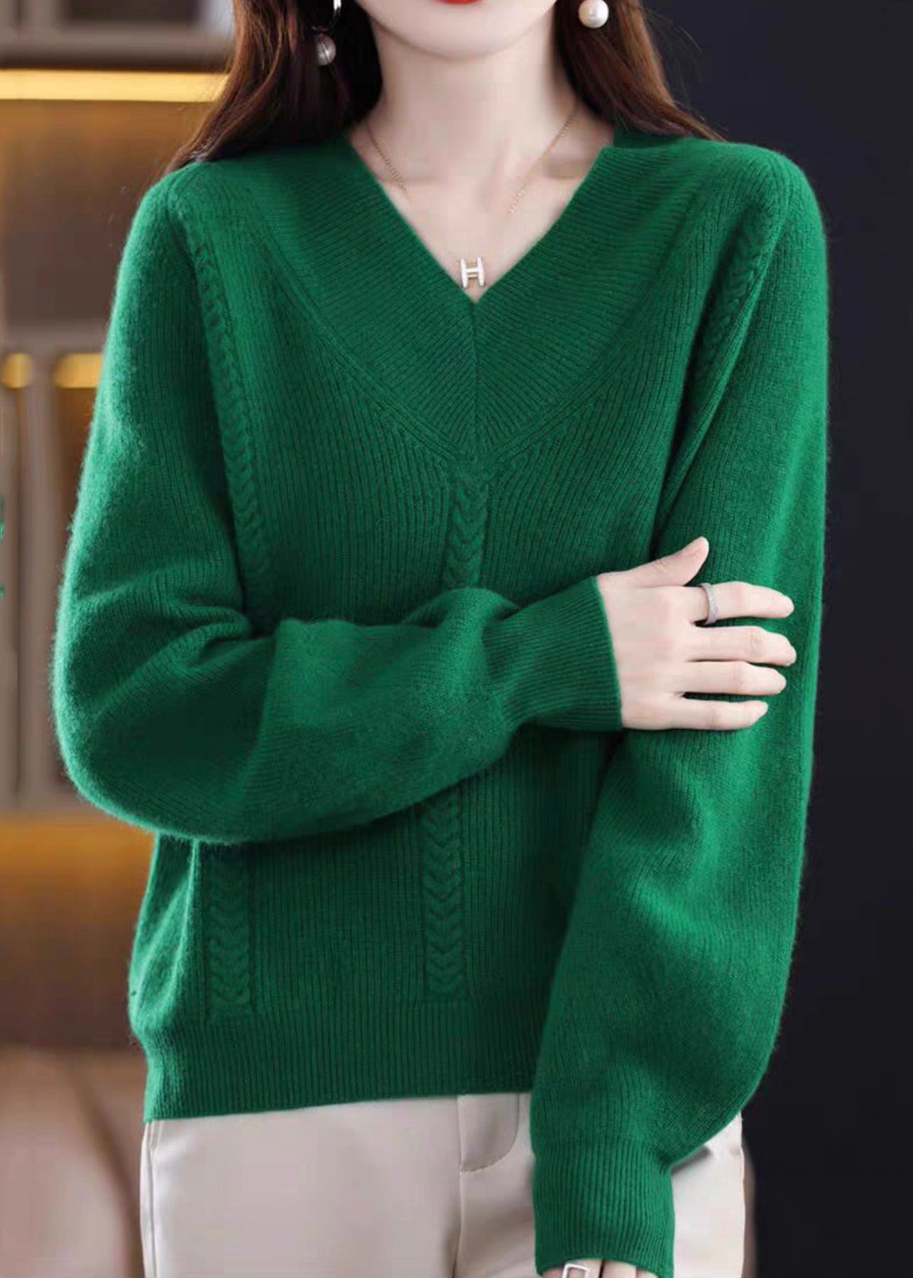 Cozy Green V Neck Solid Knit Knit Sweaters Fall QI002 OM-BB241005