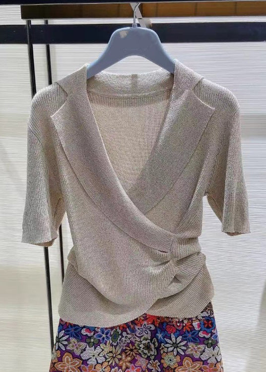 Cozy Grey Asymmetrical Solid Knit Top Short Sleeve Ada Fashion