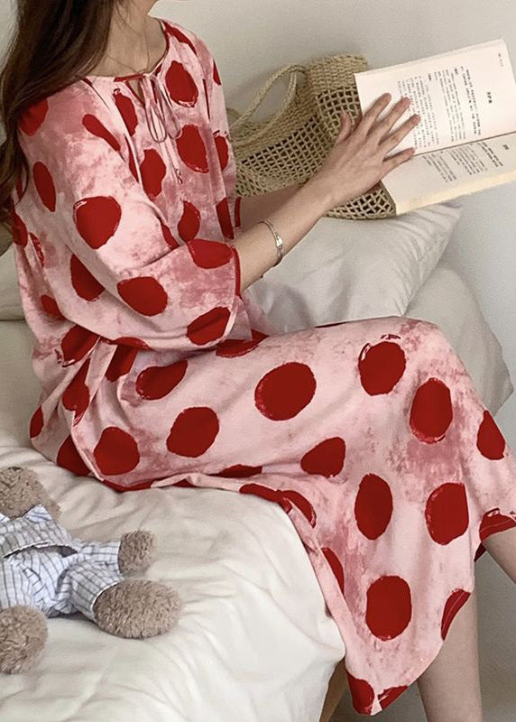 Cozy Pink Lace Up Print Cotton Pajamas Dresses Half Sleeve XX070 SH-LF-SDL240611