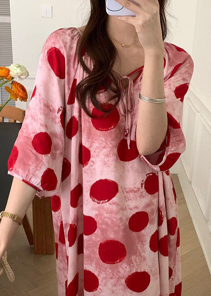 Cozy Pink Lace Up Print Cotton Pajamas Dresses Half Sleeve XX070 SH-LF-SDL240611