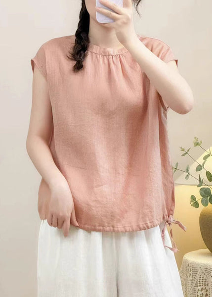 Solid Summer Shirt O Cozy Linen Pink Neck FashionChic