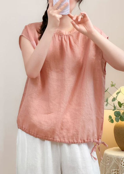 Solid Summer Shirt O Cozy Linen Pink Neck FashionChic