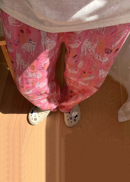 Pajamas Pink Waist Summer Print Cozy Pants Elastic Cotton FashionChic