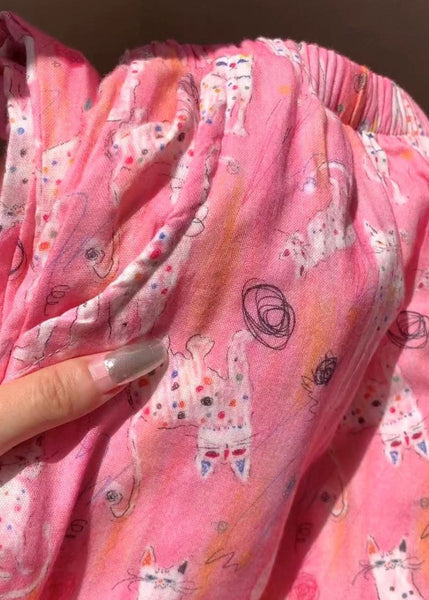 Pajamas Pink Waist Summer Print Cozy Pants Elastic Cotton FashionChic