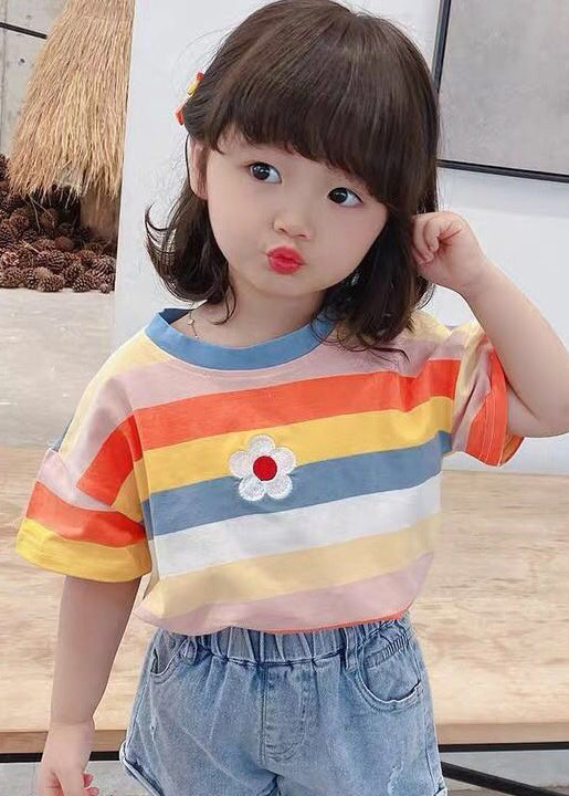 Cozy Rainbow Striped O Neck Cotton Girls T Shirt Summer YU1052 WS-RCTZ-STP240529