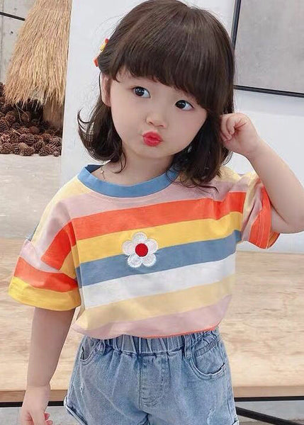 Cozy Rainbow Striped O Neck Cotton Girls T Shirt Summer YU1052 WS-RCTZ-STP240529