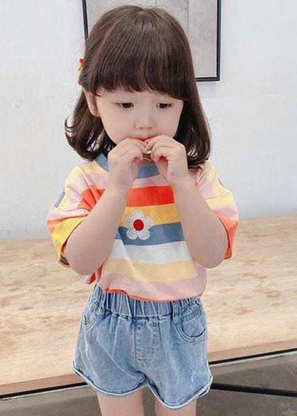 Cozy Rainbow Striped O Neck Cotton Girls T Shirt Summer YU1052 WS-RCTZ-STP240529