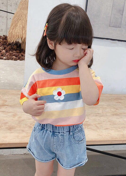 Cozy Rainbow Striped O Neck Cotton Girls T Shirt Summer YU1052 WS-RCTZ-STP240529