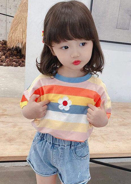 Cozy Rainbow Striped O Neck Cotton Girls T Shirt Summer YU1052 WS-RCTZ-STP240529