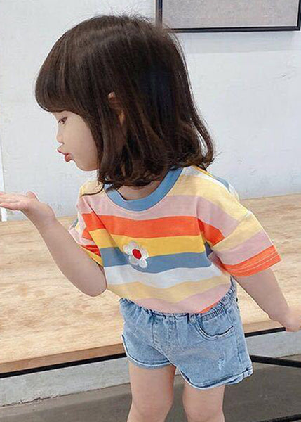 Cozy Rainbow Striped O Neck Cotton Girls T Shirt Summer YU1052 WS-RCTZ-STP240529
