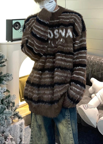 Cozy Red Striped Thick Mink Hair Knitted Men Sweaters Fall QH038 MENSW241019