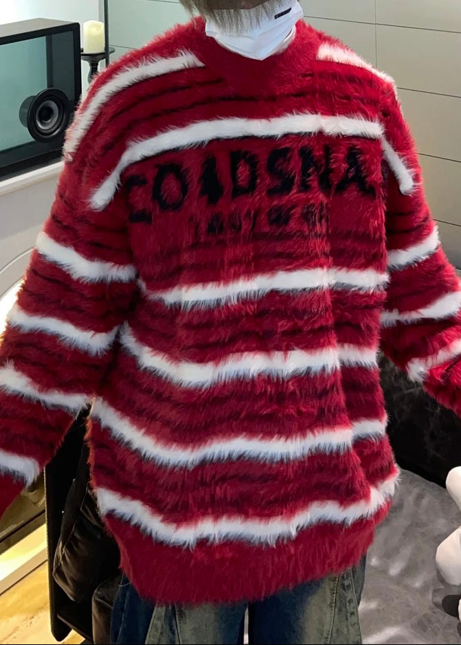 Cozy Red Striped Thick Mink Hair Knitted Men Sweaters Fall QH038 MENSW241019