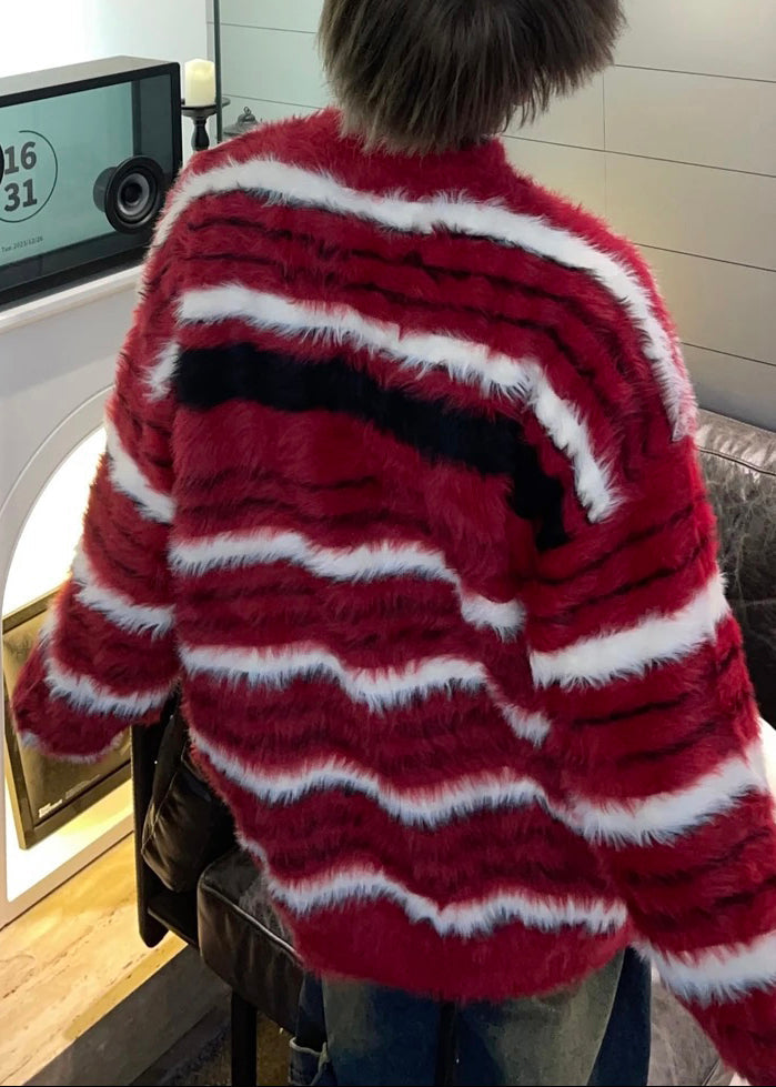 Cozy Red Striped Thick Mink Hair Knitted Men Sweaters Fall QH038 MENSW241019