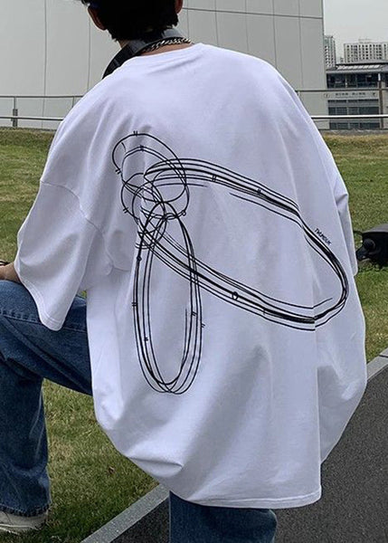 White Men Print Shirt T O-Neck Summer Cotton Cozy FashionChic