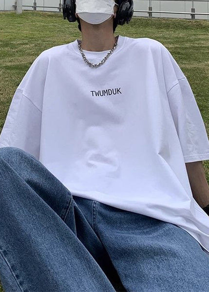 White Men Print Shirt T O-Neck Summer Cotton Cozy FashionChic