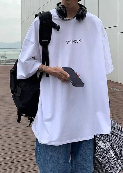 White Men Print Shirt T O-Neck Summer Cotton Cozy FashionChic