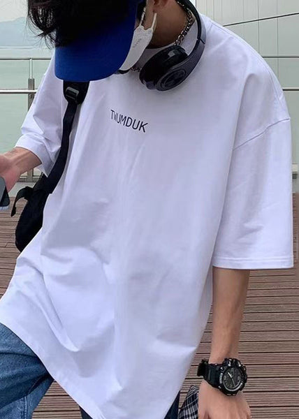 White Men Print Shirt T O-Neck Summer Cotton Cozy FashionChic